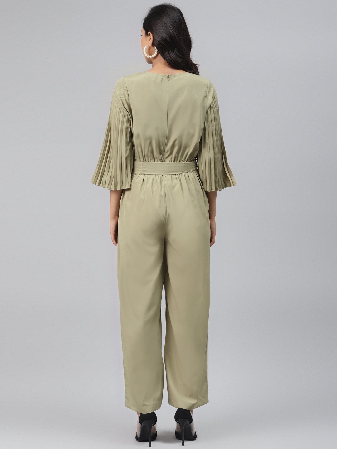 Women's Olive Pink Wrap Pleated Sleeves Jumpsuit