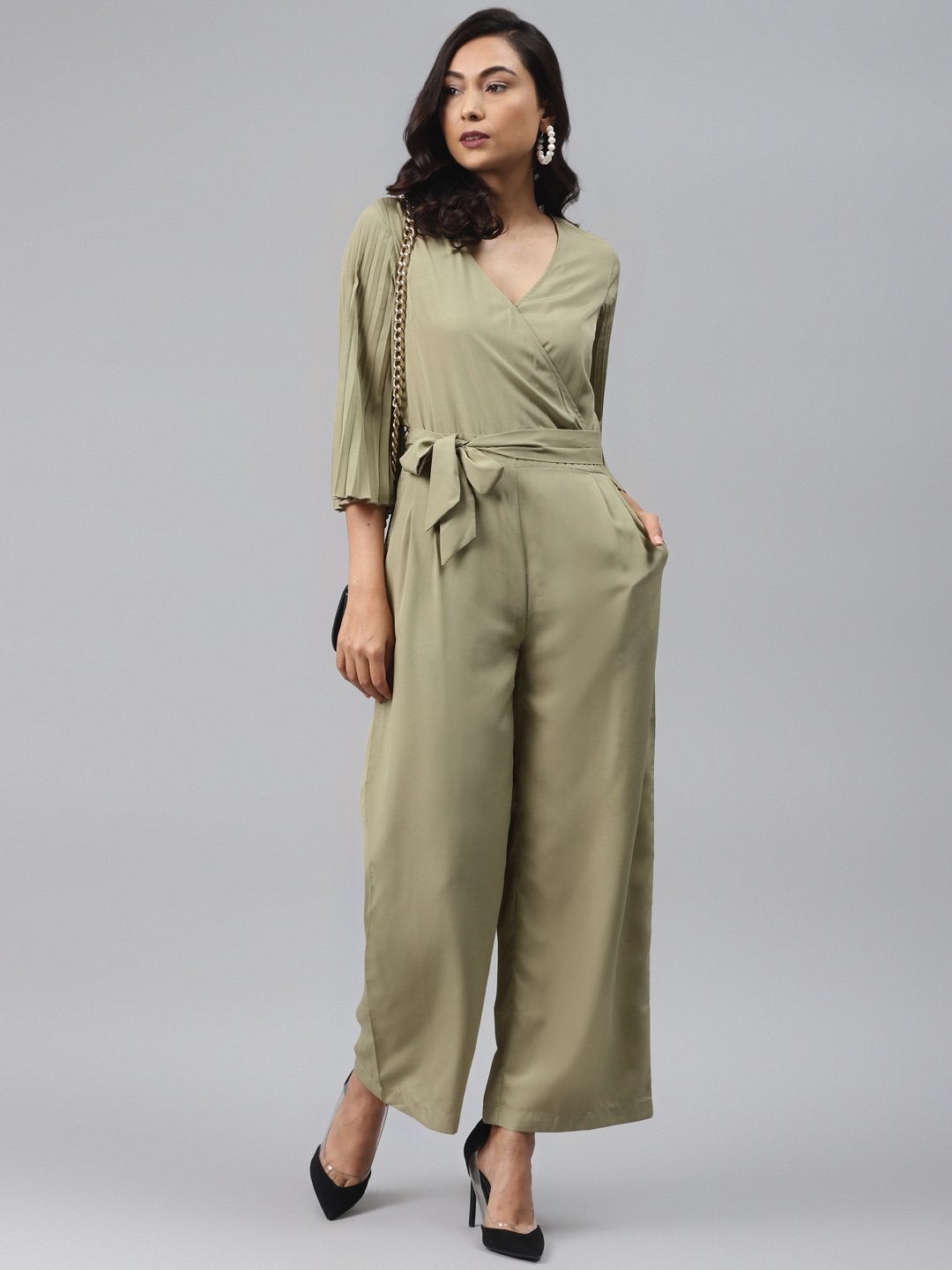 Women's Olive Pink Wrap Pleated Sleeves Jumpsuit