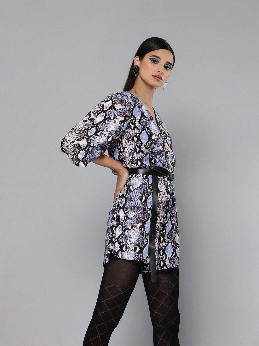 Women's Blue Python Wrap Detail Romper