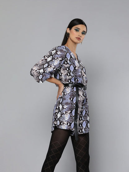 Women's Blue Python Wrap Detail Romper