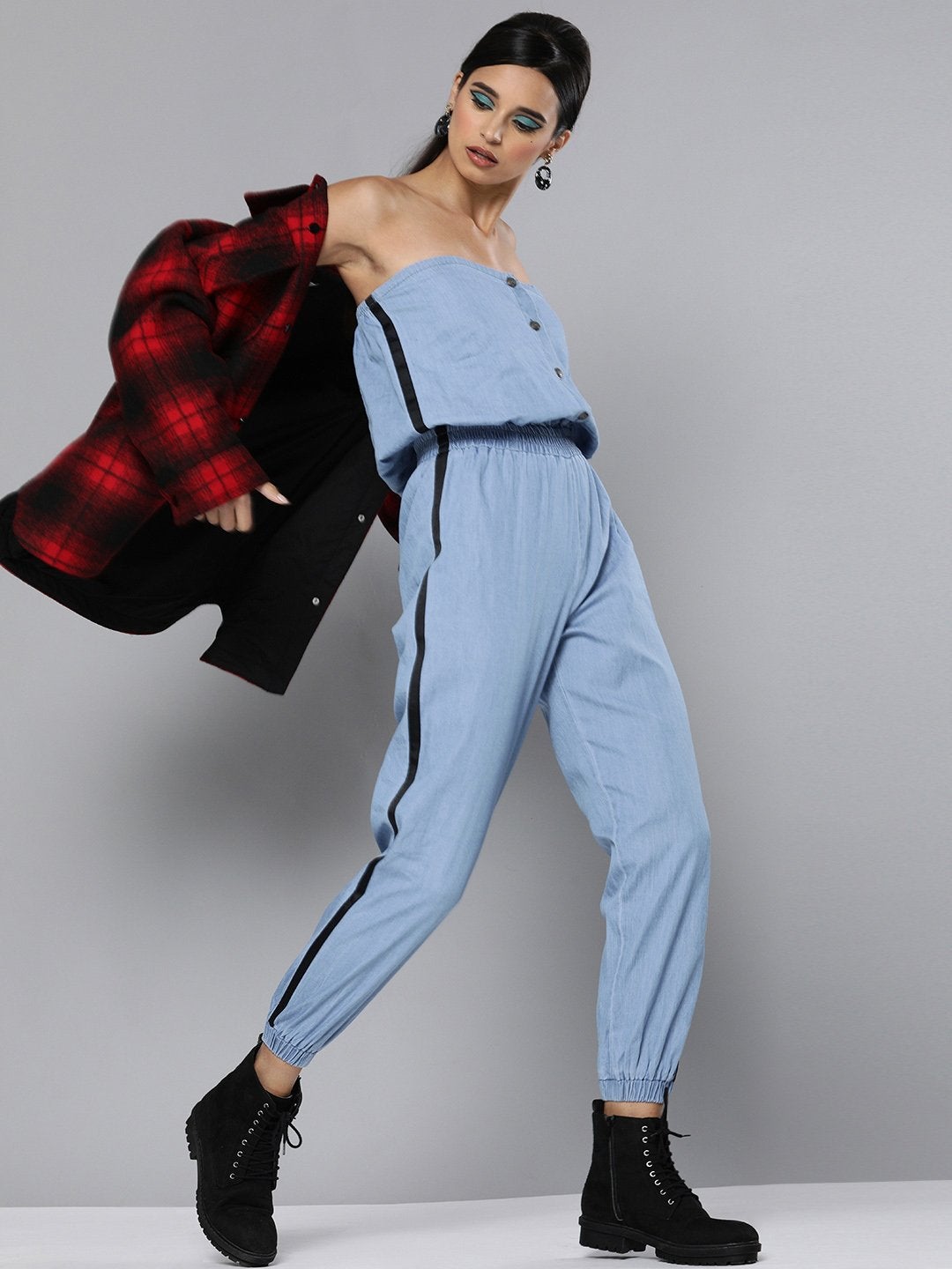 Women's Blue Denim Side Tape Tube Jumpsuit