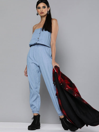 Women's Blue Denim Side Tape Tube Jumpsuit