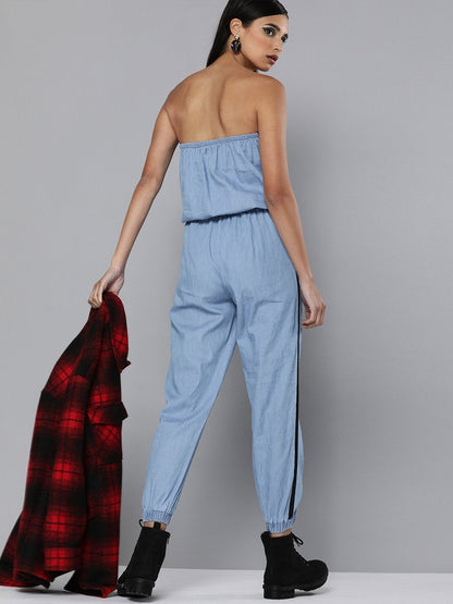 Women's Blue Denim Side Tape Tube Jumpsuit