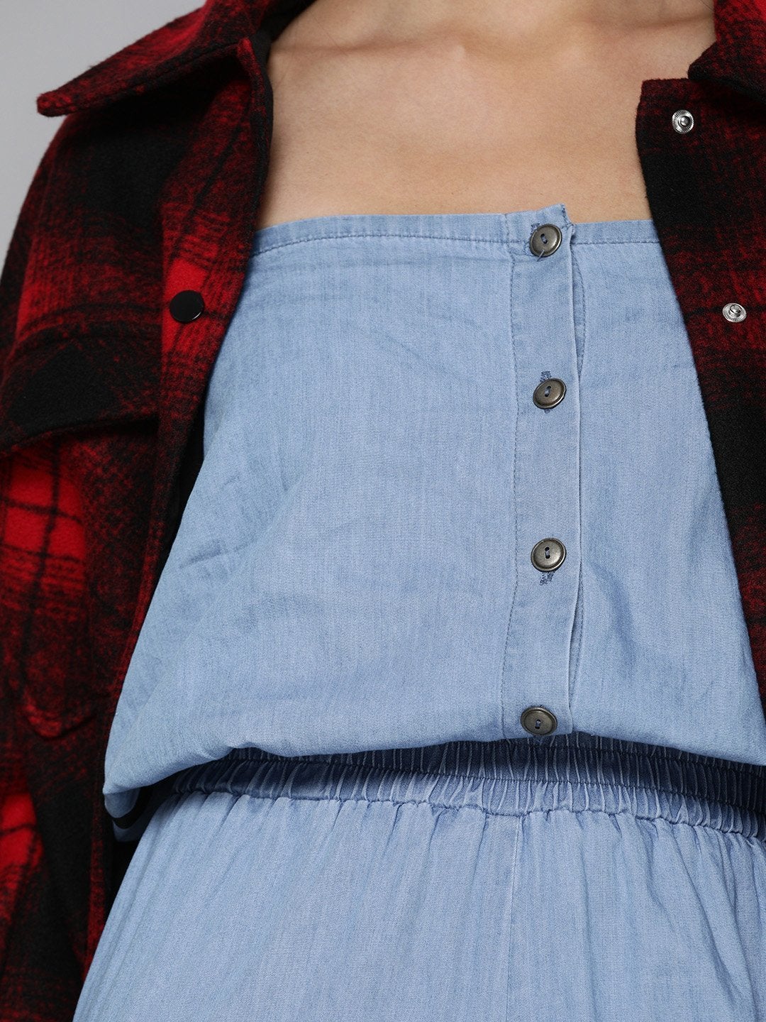 Women's Blue Denim Side Tape Tube Jumpsuit