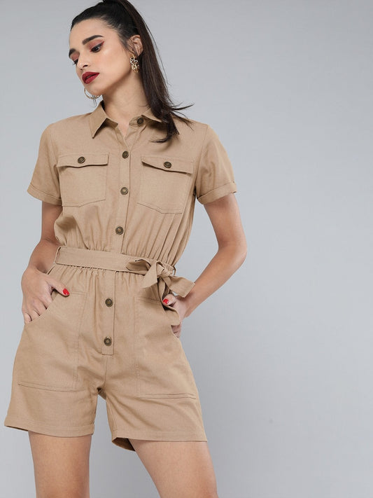 Women's Khaki Belted Romper