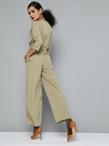 Women's Olive Front Button Regular Jumpsuit