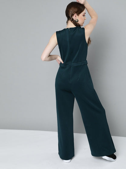 Women's Emerald Green Collared Flare Leg Jumpsuit