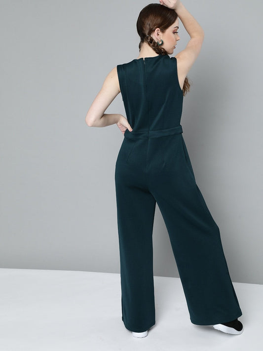 Women's Emerald Green Collared Flare Leg Jumpsuit