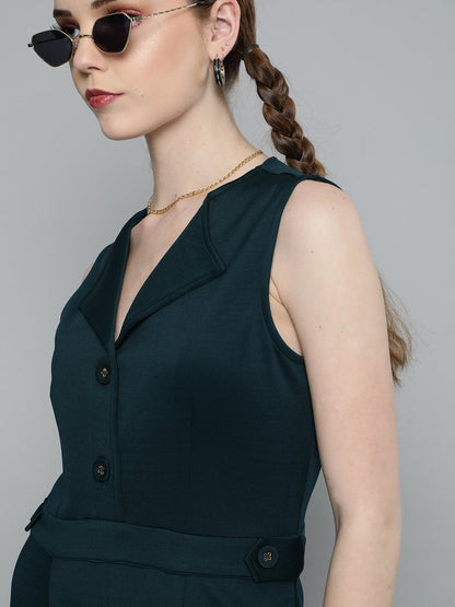 Women's Emerald Green Collared Flare Leg Jumpsuit