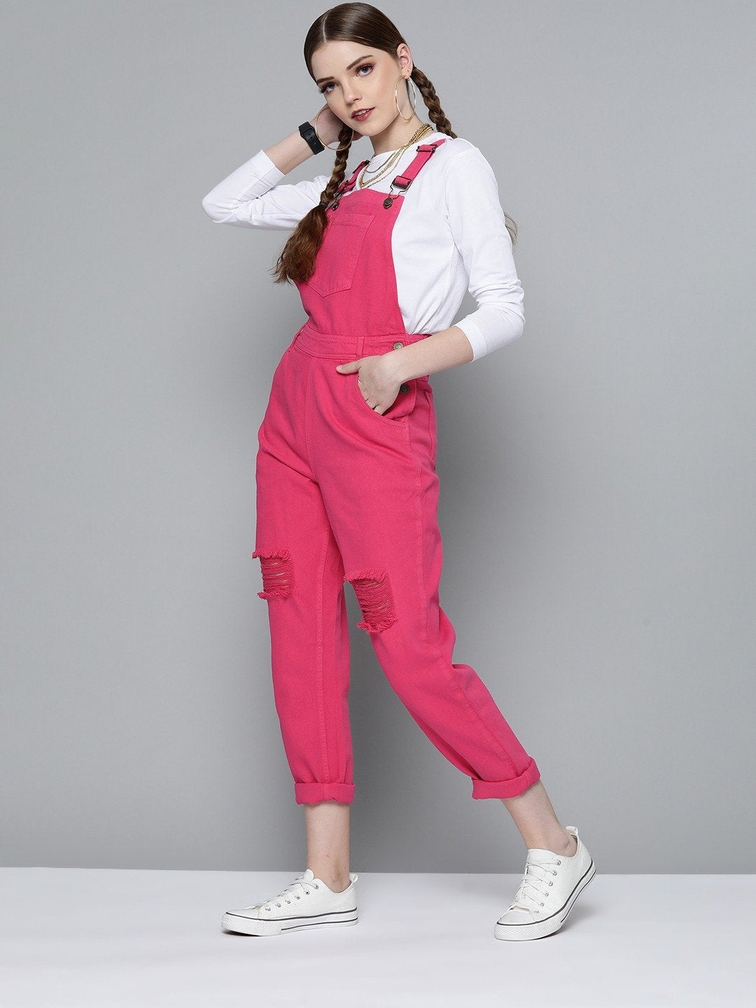 Women's Fuchsia Slouchy Denim Dungaree