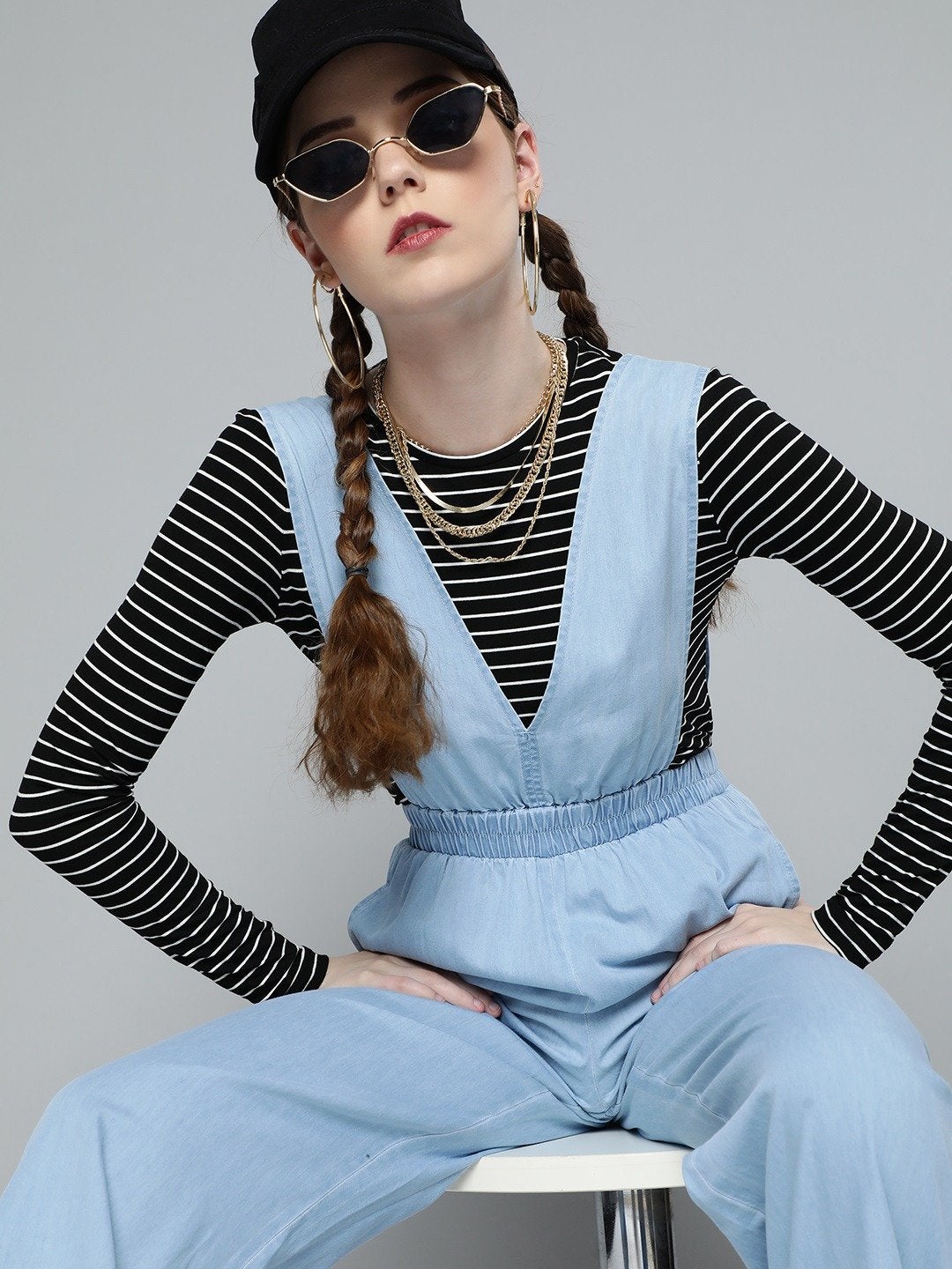 Women's Ice Blue V-Neck Tencel Dungaree
