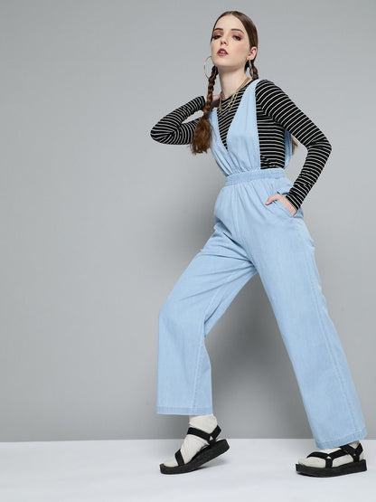 Women's Ice Blue V-Neck Tencel Dungaree