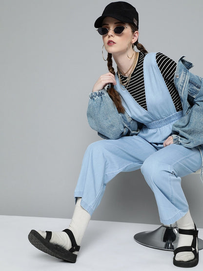 Women's Ice Blue V-Neck Tencel Dungaree