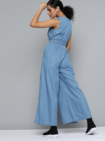 Women's Blue Sleeveless Tencel Jumpsuit
