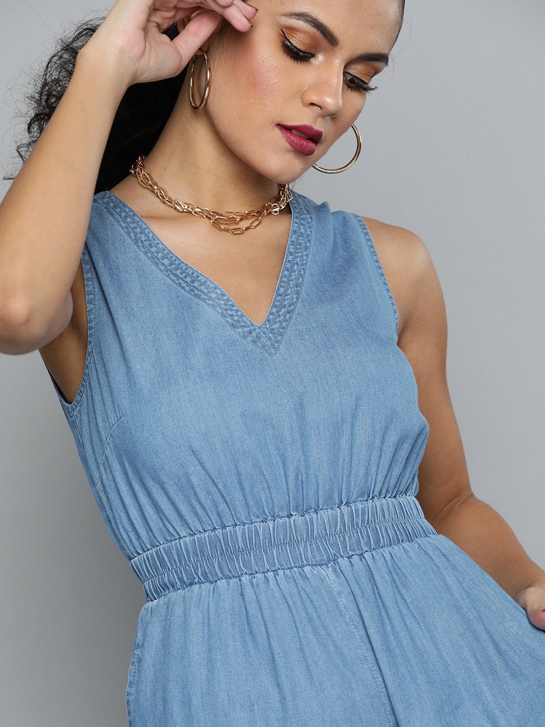 Women's Blue Sleeveless Tencel Jumpsuit