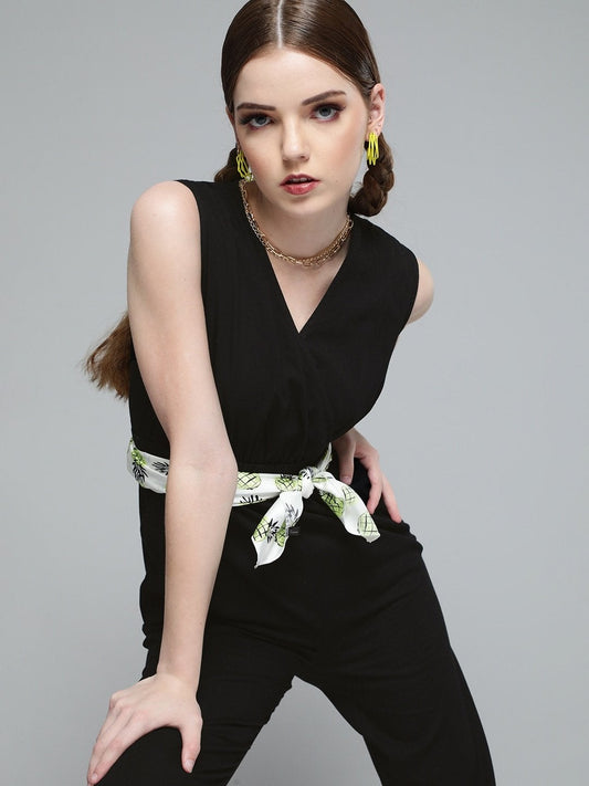 Women's Black Wrap Detail Tencel Jumpsuit