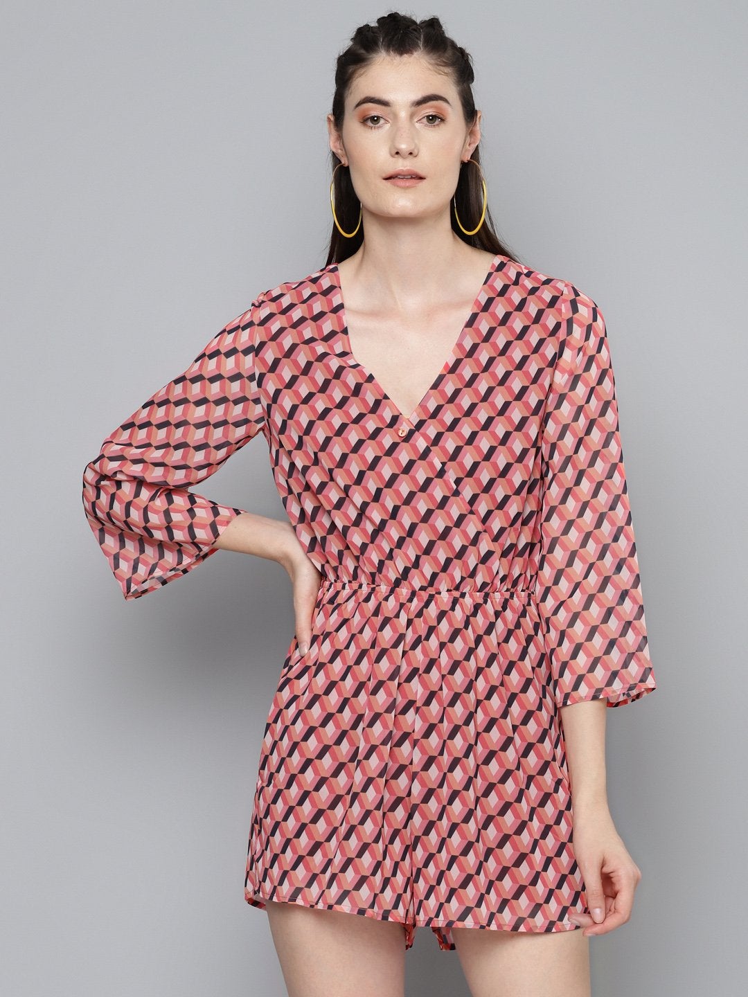 Women's Orange Geo Wrap Romper