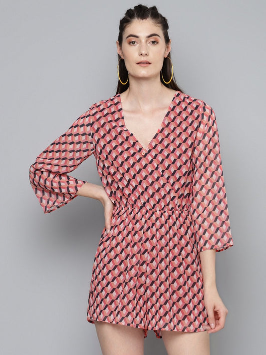 Women's Orange Geo Wrap Romper