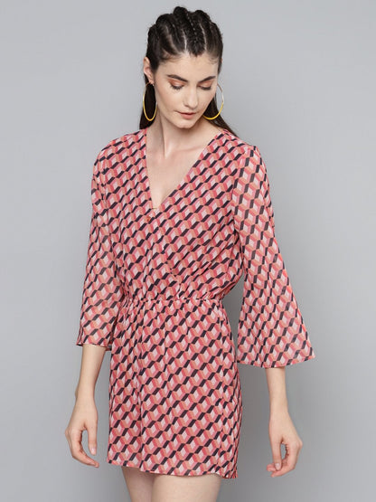 Women's Orange Geo Wrap Romper