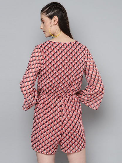 Women's Orange Geo Wrap Romper