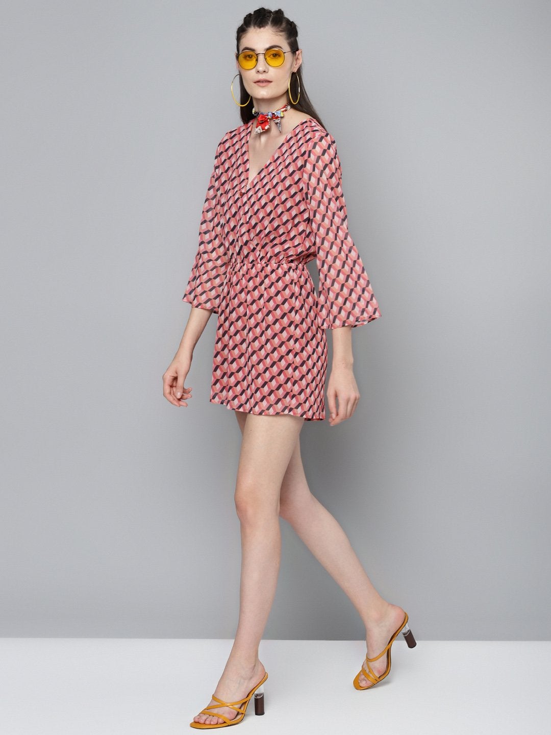 Women's Orange Geo Wrap Romper