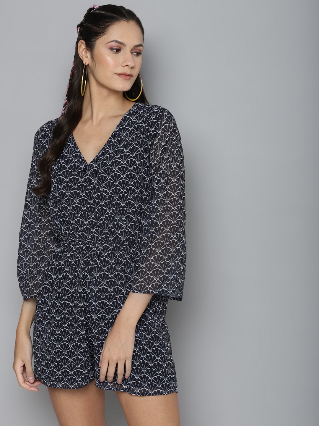Women's Navy Floral Geo Print Wrap Romper