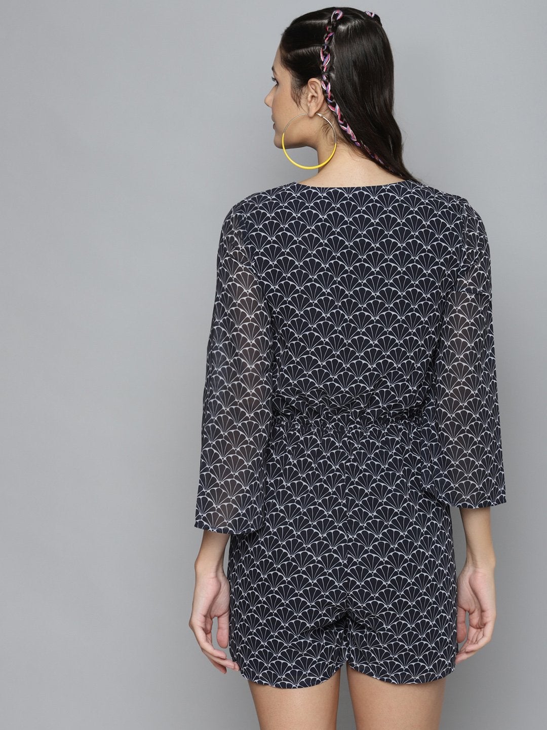 Women's Navy Floral Geo Print Wrap Romper