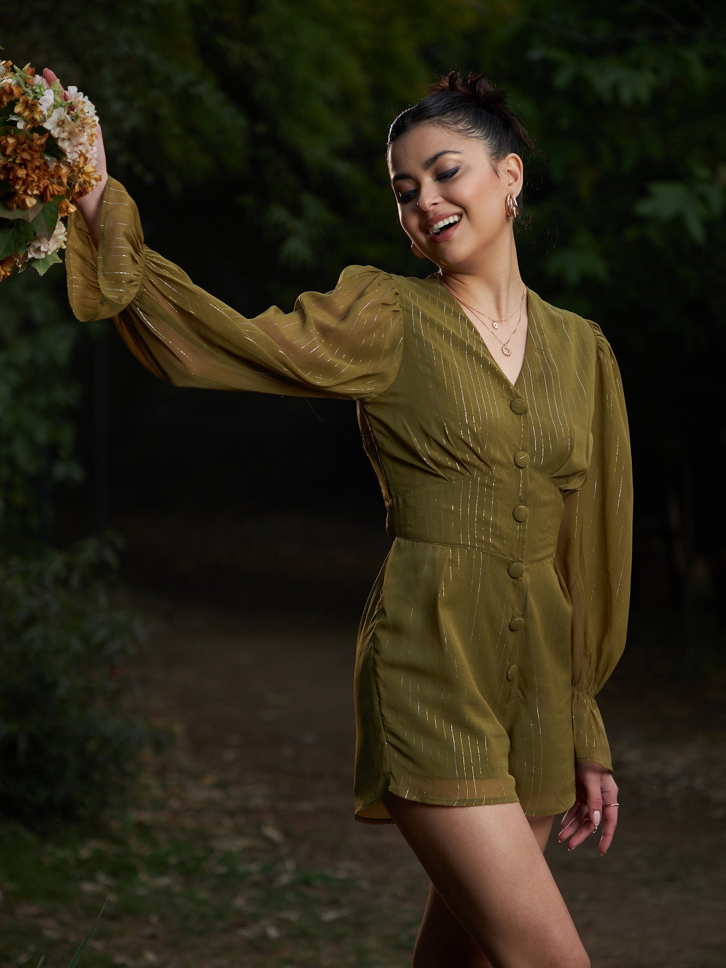 Women's Olive Lurex Front Button Romper