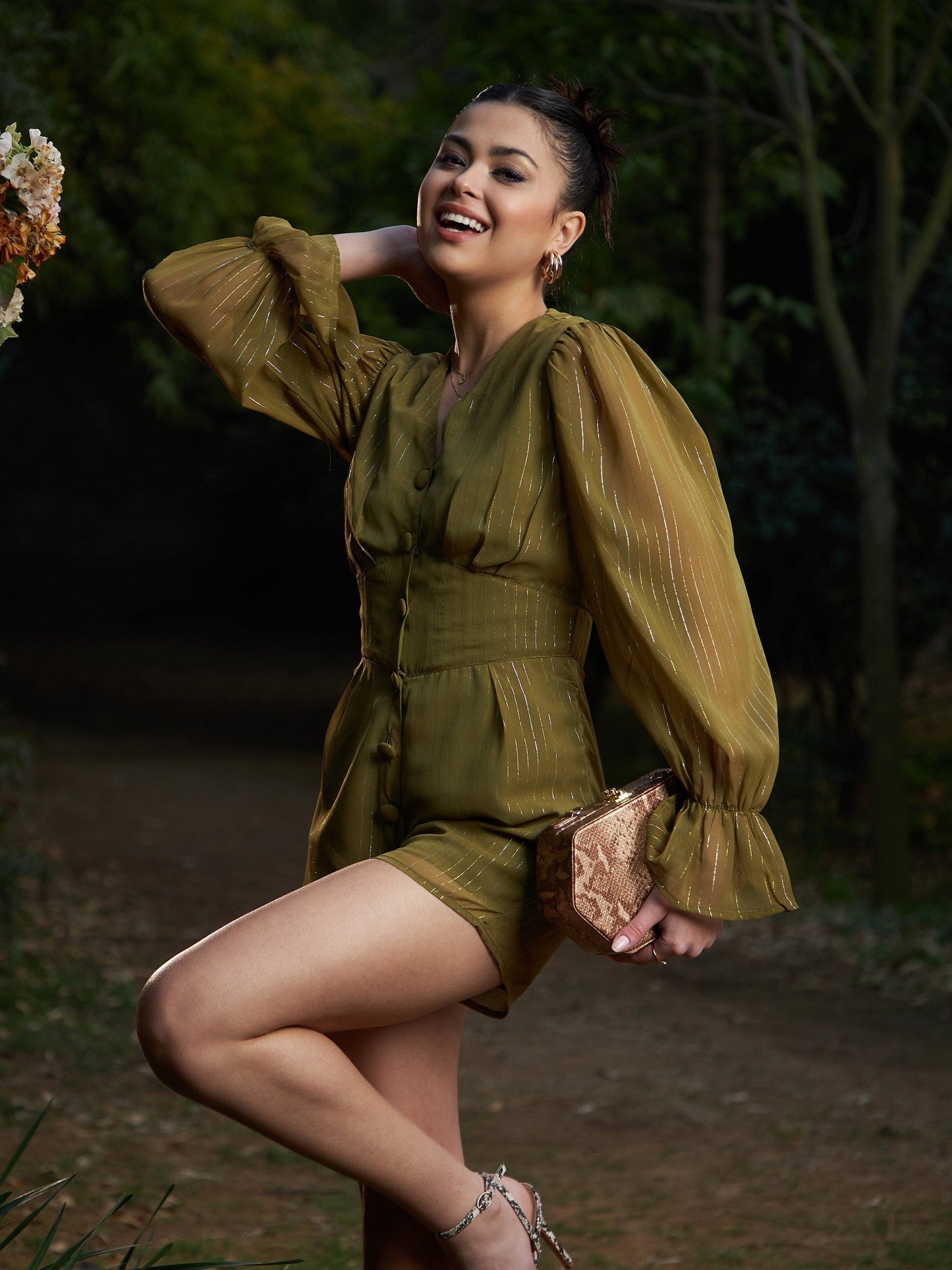Women's Olive Lurex Front Button Romper