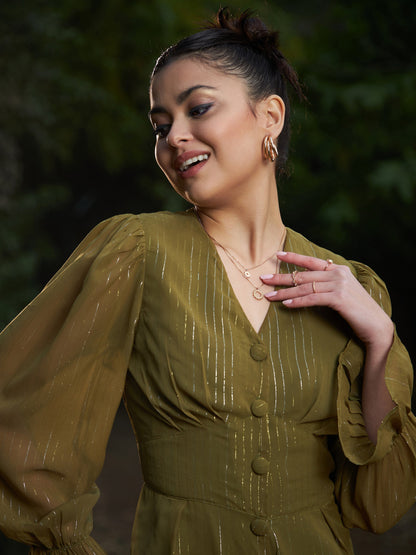 Women's Olive Lurex Front Button Romper