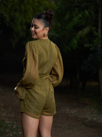 Women's Olive Lurex Front Button Romper