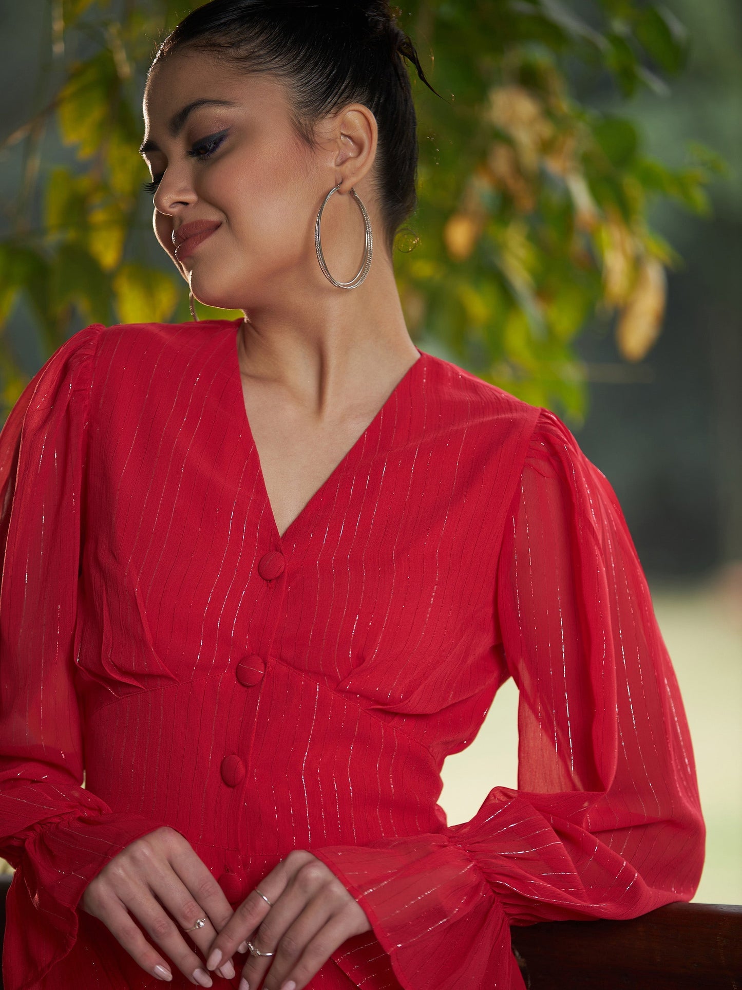 Women's Red Lurex Front Button Romper