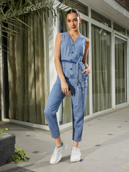 Women's Blue Blast Wash Tencel Sleeveless Jumpsuit