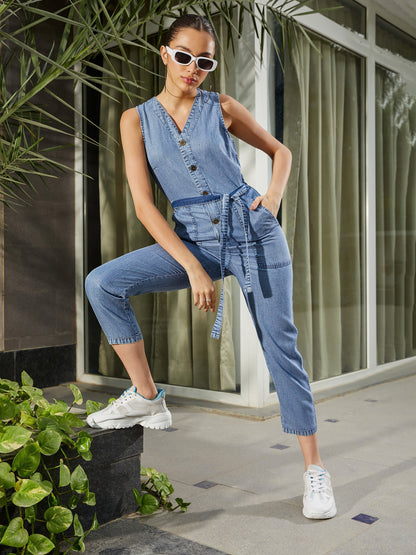 Women's Blue Blast Wash Tencel Sleeveless Jumpsuit