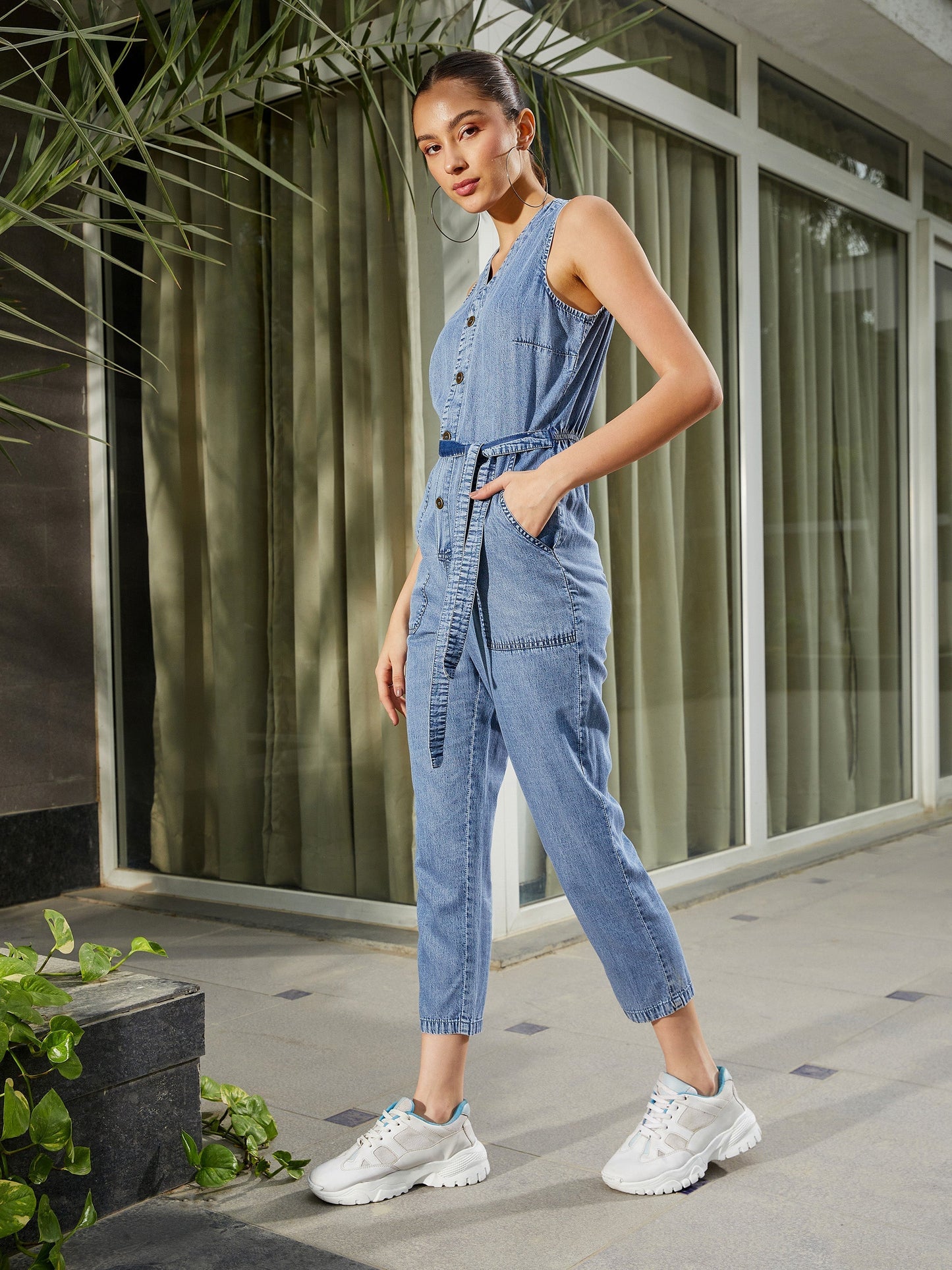 Women's Blue Blast Wash Tencel Sleeveless Jumpsuit
