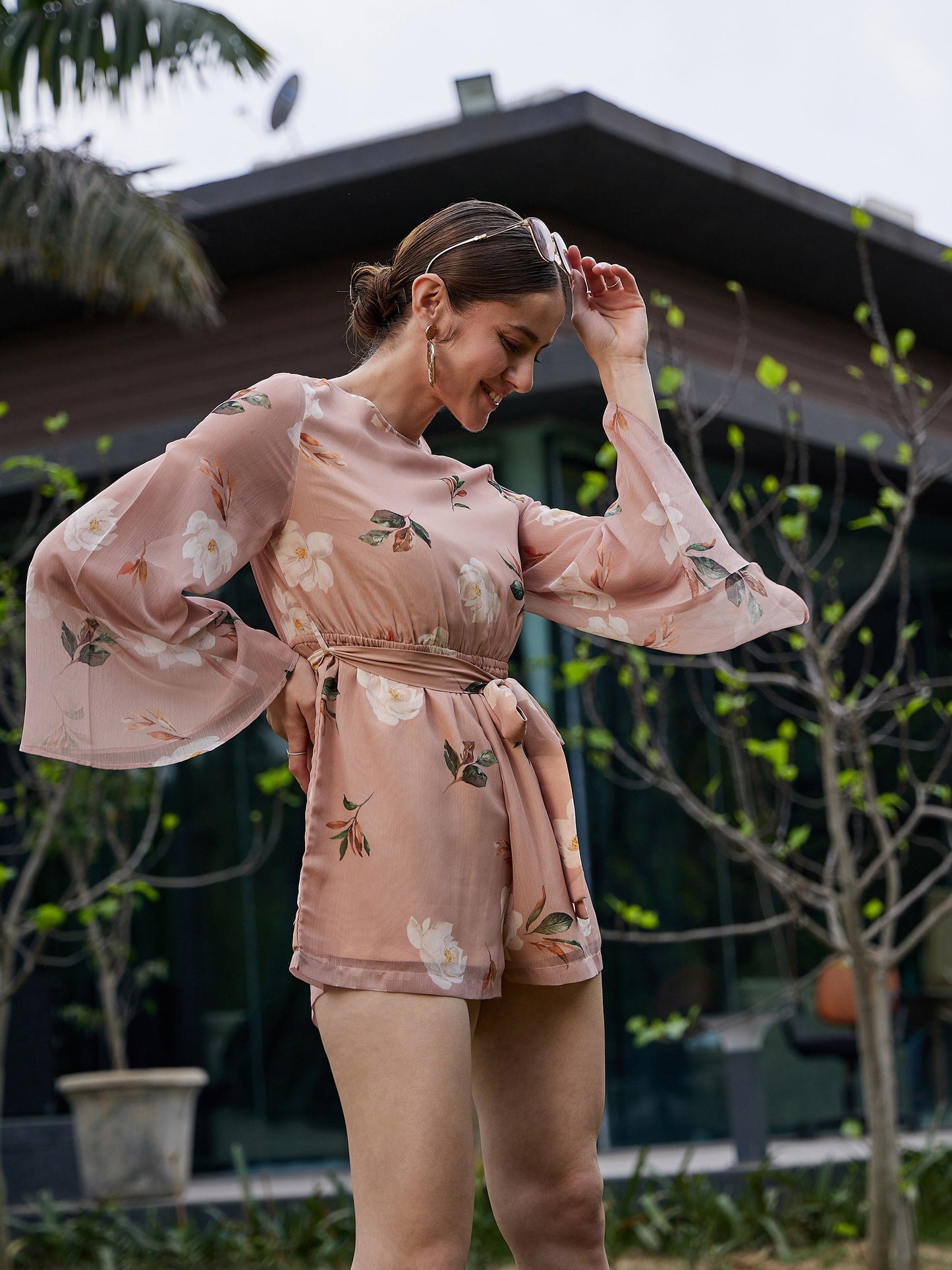 Women's Beige Floral Back Cut Out Playsuit