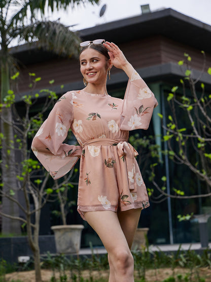 Women's Beige Floral Back Cut Out Playsuit