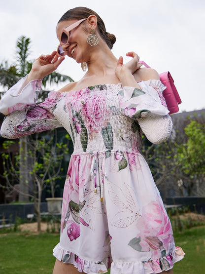 Women's White Floral Off Shoulder Smoked Playsuit