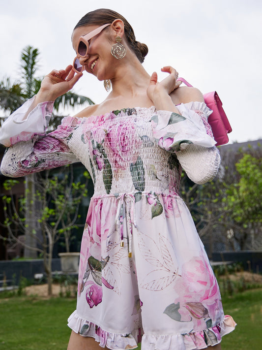 Women's White Floral Off Shoulder Smoked Playsuit