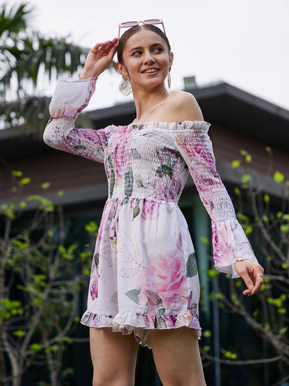 Women's White Floral Off Shoulder Smoked Playsuit