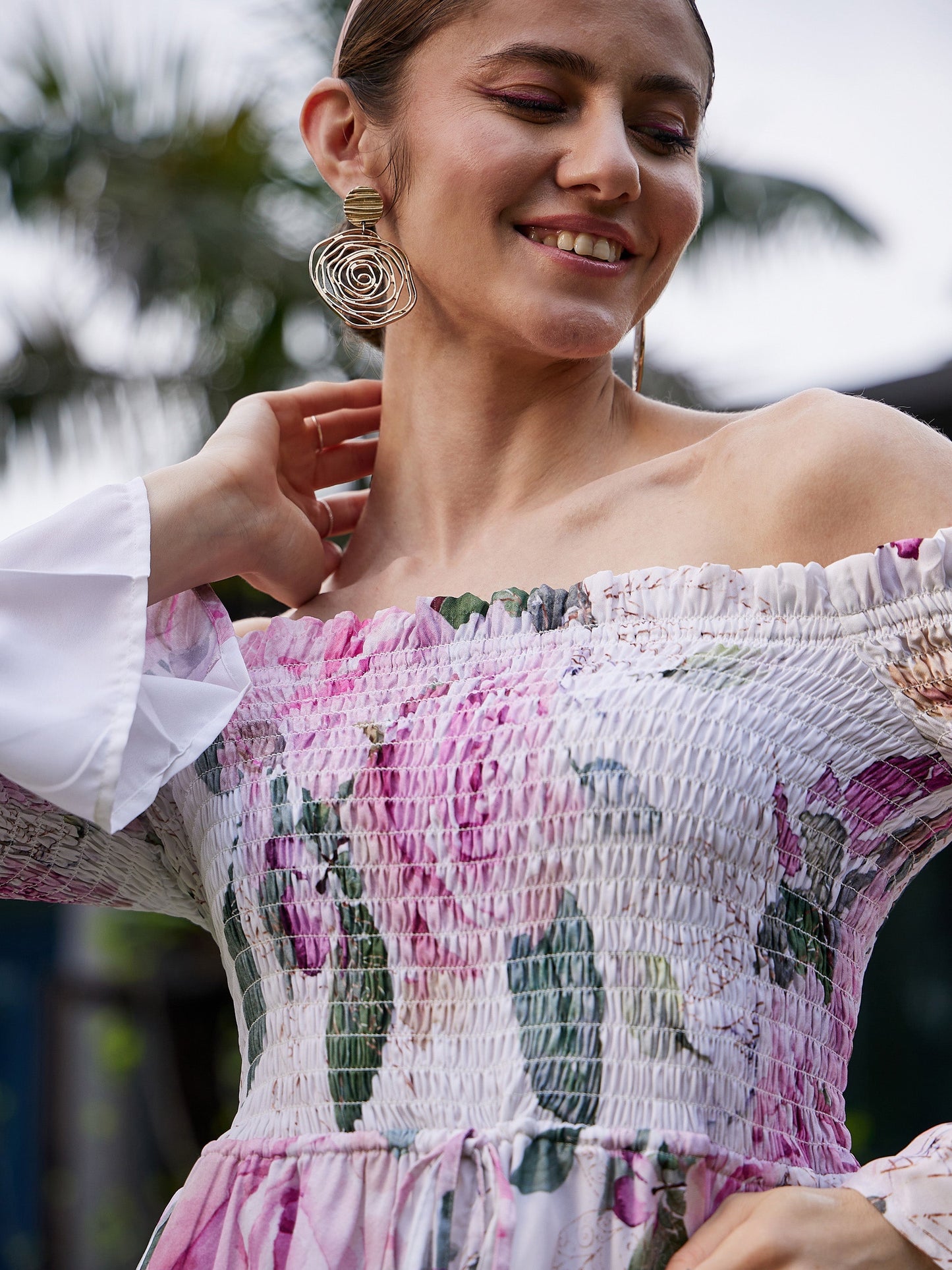 Women's White Floral Off Shoulder Smoked Playsuit