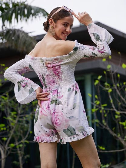 Women's White Floral Off Shoulder Smoked Playsuit
