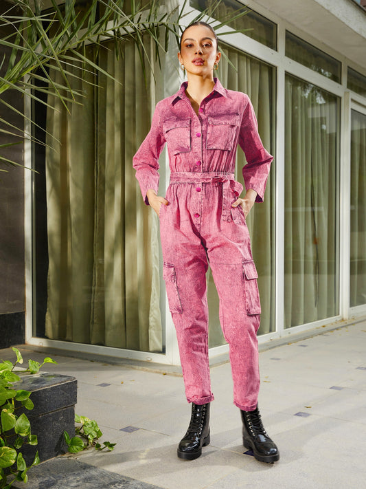Women's Pink Washed Front Button Cargo Jumpsuit