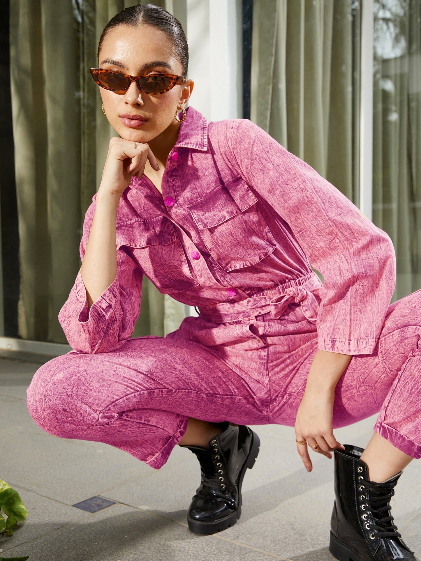 Women's Pink Washed Front Button Cargo Jumpsuit