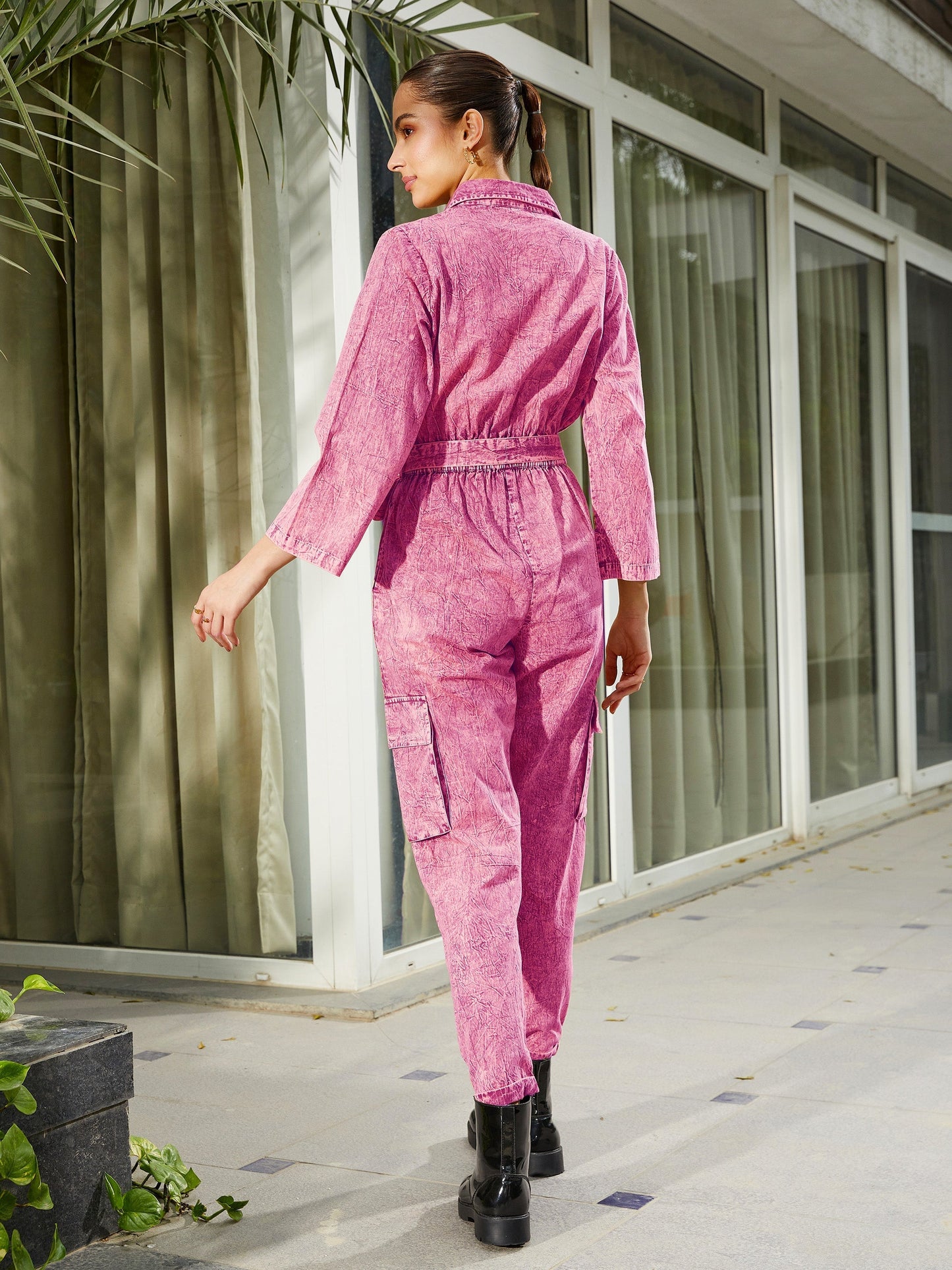 Women's Pink Washed Front Button Cargo Jumpsuit