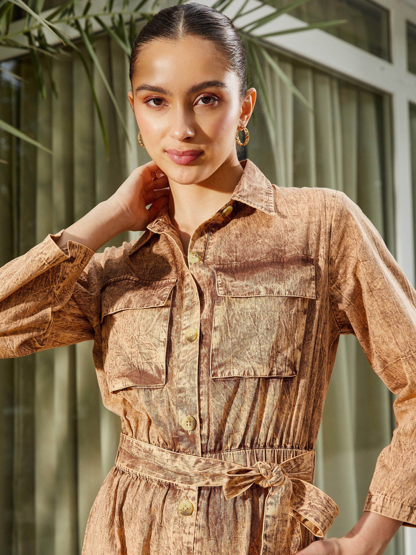 Women's Brown Washed Front Button Cargo Jumpsuit