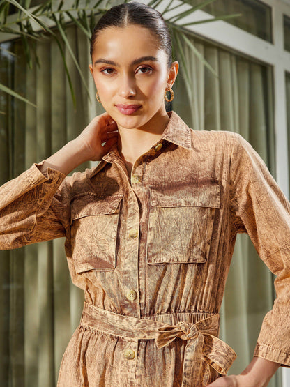 Women's Brown Washed Front Button Cargo Jumpsuit
