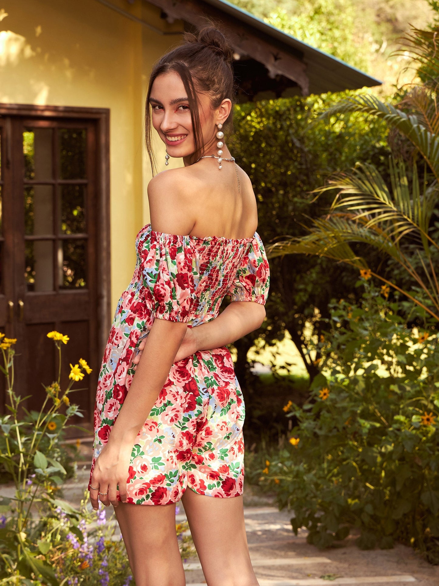 Women's Red Floral Smoked Off Shoulder Playsuit