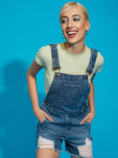 Women's Blue Denim Distress Dungaree