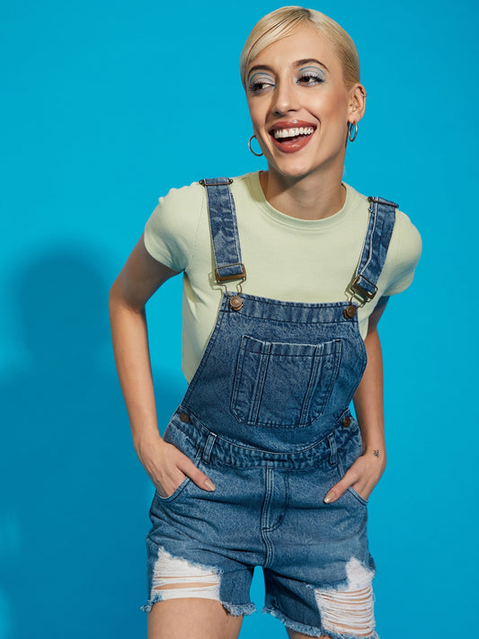 Women's Blue Denim Distress Dungaree